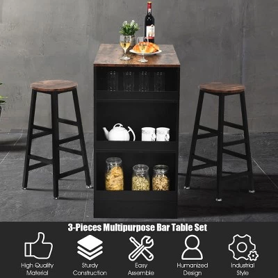 Costway 3 Pieces Bar Table Set Industrial Counter With Storage Black - Image 6