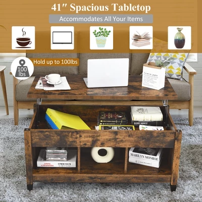 Costway Lift Top Coffee Table W/ Hidden Compartment And Storage Shelves Coffee - Image 9