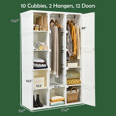 Costway Portable Closet Clothes Foldable Armoire Wardrobe Closet W/10 Cubes, Hanging Rods - Image 2