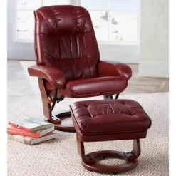 BenchMaster Kyle Ruby Red Faux Leather Recliner Chair Modern Armchair Ottoman Footrest Ergonomic Manual Reclining Swivel For Bedroom Living Room House