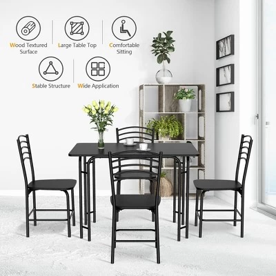 5 Pcs Modern Dining Table Set 4 Chairs Steel Frame Home Kitchen Furniture Black - Image 4