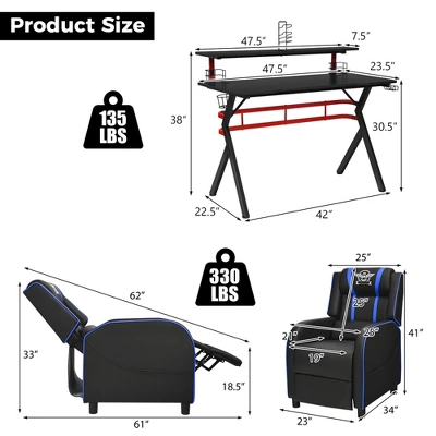 Costway Gaming Desk & Chair Set 48'' Computer Desk & Massage Recliner Chair Black + White/Blue/Pink/Red - Image 2