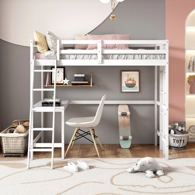 Costway Twin Loft Bed Frame W/Desk Angled And Built-in Ladder Solid Wooden Frame WhiteGreyExpresso - Image 4