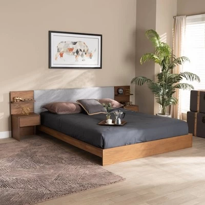 Queen Sami Light Fabric Upholstered And Wood Bed With Built In Nightstands Gray/Brown - Baxton Studio - Image 7