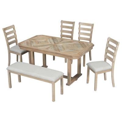 6 PCS Rubber Wood Dining Table Set With Beautiful Wood Grain Veneer Tabletop And Soft Cushion-ModernLuxe - Image 8