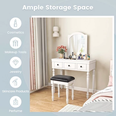 Costway Vanity Table Set Makeup Desk Cushioned Stool 3 Drawer Large Mirror White/Walnut - Image 5
