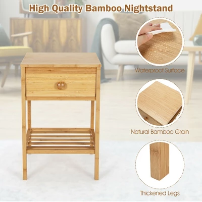 Costway Bamboo Nightstand Natural Side End Table W/Drawer For Living Room Bedroom - Image 6