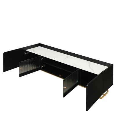 Stylish Design TV Stand For TVs Up To 65" With Fluted Glass, Cultured Marble Top And Gold Framed Base - ModernLuxe - Image 5