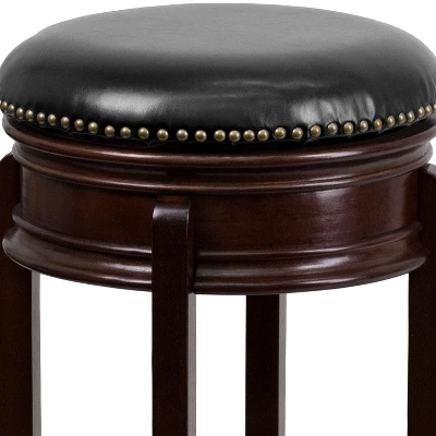 Merrick Lane 30" Backless Swivel Barstool, Upholstered With Nail Trim, Carved Apron, And Wood Frame - Image 5