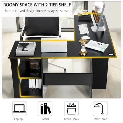 Costway Modern L-Shaped Computer Desk Writing Study Office Corner Desk W/Shelves - Image 6
