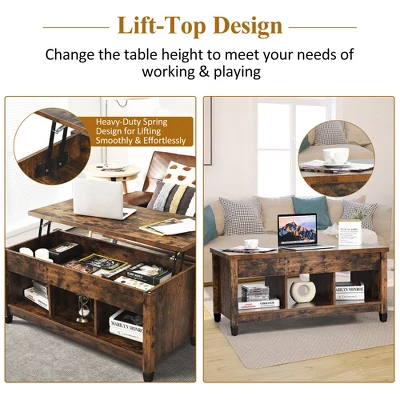 Costway Lift Top Coffee Table W/ Hidden Compartment And Storage Shelves Coffee - Image 7