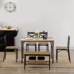 HOMCOM Industrial Dining Table Set For 6 People, 6 Piece Kitchen Table And Chairs Set, Dinner Table With Bench, Steel Frame And Storage Shelf