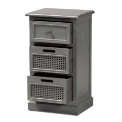 Sheldon Vintage Wood And Synthetic Rattan 3 Drawer Nightstand Gray - Baxton Studio