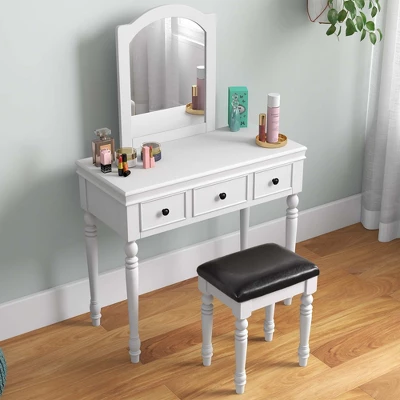 Costway Vanity Table Set Makeup Desk Cushioned Stool 3 Drawer Large Mirror White/Walnut - Image 2
