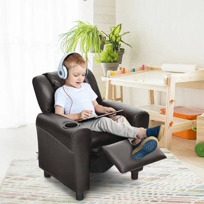 Costway Kids Recliner Chair PU Leather Armrest Sofa W/Footrest Cup Holder BeigeBrown - Image 2