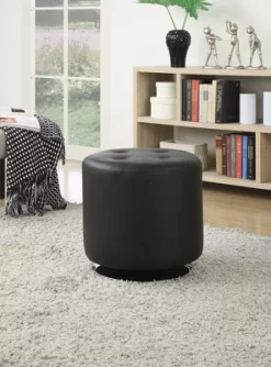 Simple Relax Round Leatherette Upholstered Ottoman, Black
