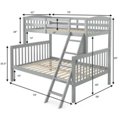 Costway Twin Over Full Bunk Bed Rubber Wood Convertible With Ladder Guardrail