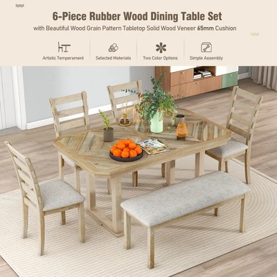 6 PCS Rubber Wood Dining Table Set With Beautiful Wood Grain Veneer Tabletop And Soft Cushion-ModernLuxe - Image 4