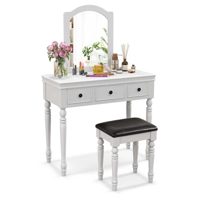 Costway Vanity Table Set Makeup Desk Cushioned Stool 3 Drawer Large Mirror White/Walnut - Image 10