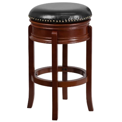 Merrick Lane 30" Backless Swivel Barstool, Upholstered With Nail Trim, Carved Apron, And Wood Frame - Image 9