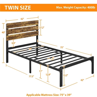 Yaheetech Metal Slatted Bed Frame With Wooden Headboard Mattress Foundation - Image 2