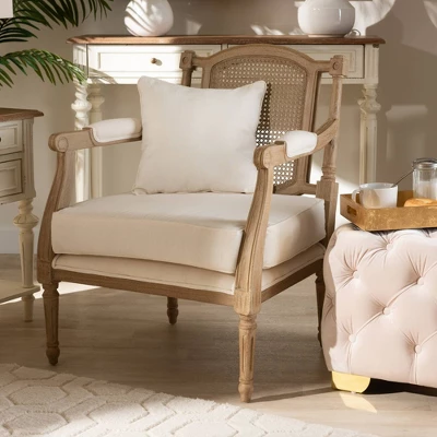 Clemence Upholstered Whitewashed Wood Accent Chair Ivory/Oak - Baxton Studio - Image 3