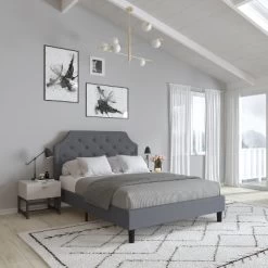 Merrick Lane Platform Bed With Slatted Support Contemporary Tufted Upholstery With Accent Nail Trim