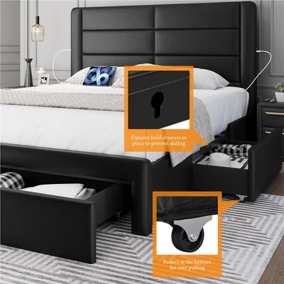 Yaheetech Upholstered Bed Frame With 3 Storage Drawers And Built-In USB Ports - Image 5