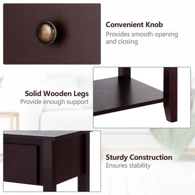Costway 2PCS Nightstand Sofa End Side Table W/ Storage Drawer Bottom Shelf Espresso - Image 3