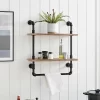 2-Tier Olivia Pipe Wall Shelf Unit With Hanging Rod Black/Rustic - Danya B.