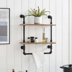 2-Tier Olivia Pipe Wall Shelf Unit With Hanging Rod Black/Rustic - Danya B.