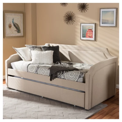 Parkson Modern And Contemporary Linen Fabric Curved Notched Corners Sofa Daybed With Roll - Out Trundle Guest Bed - Twin - Baxton Studio - Image 6