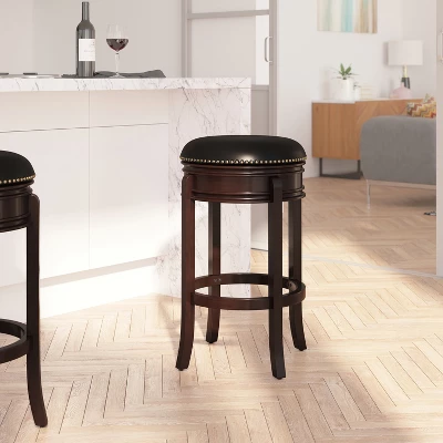 Merrick Lane 30" Backless Swivel Barstool, Upholstered With Nail Trim, Carved Apron, And Wood Frame - Image 2