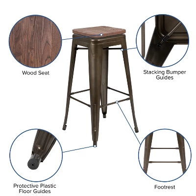 Flash Furniture 30" High Metal Indoor Bar Stool With Wood Seat - Stackable Set Of 4 - Image 3