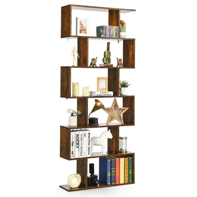 Tangkula 2 PCS 6-Tier S-Shaped Wooden Bookshelf Storage Bookcase Multifunctional Display Stand Shelf - Image 4