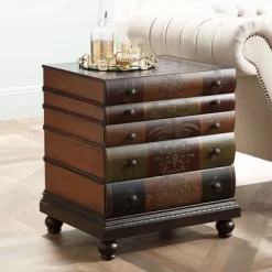 Crestview Collection Vintage Traditional Chestnut Wood Rectangular Accent Side End Table 23" X 20" With 3-Drawer Brown Golden Library Book For Spaces