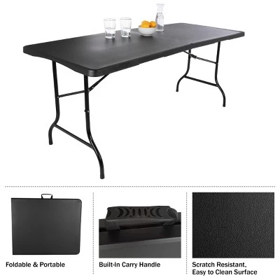 Folding Table Set - Set Of 2 Lightweight Portable Tables - 6-Foot-Long Plastic Tabletops For Camping, Parties, And Dining By Everyday Home (Black) - Image 6