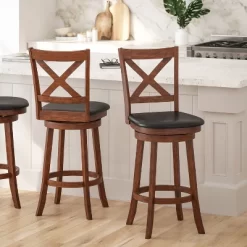 Merrick Lane 30" Classic Wooden Crossback Swivel Bar Height Pub Stool With Upholstered Padded Seat And Integrated Footrest