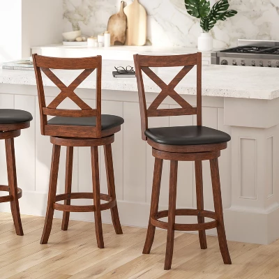 Merrick Lane 30" Classic Wooden Crossback Swivel Bar Height Pub Stool With Upholstered Padded Seat And Integrated Footrest