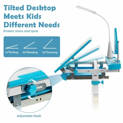 Costway Height Adjustable Kids Study Table And Chair Set W/Bookstand & Light Pink/Light Blue - Image 6