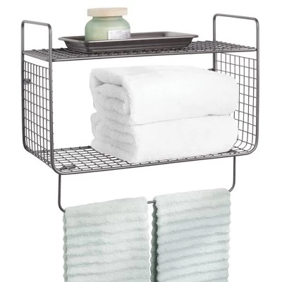 MDesign 2 Tier Storage Organizer Bath Shelf With Towel Bar, Wall Mount - Image 8