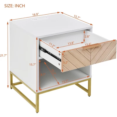 Nightstand With USB Charging Ports, End Table With 1 Drawer And Metal Legs, White+Natural Finish-ModernLuxe - Image 2