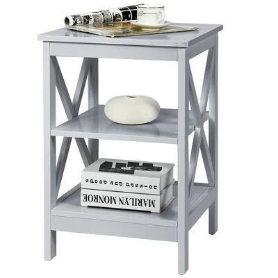 Costway 3-Tier Nightstand End Table X Design Storage Display Shelf Living Room Grey - Image 5