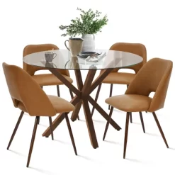Oliver+Edwin 5-Piece Round Clear Glass Dining Table Set With 4 Faux Leather Chairs Walnut Legs -The Pop Maison