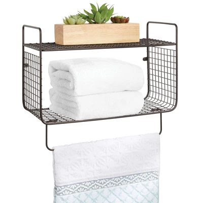 MDesign 2 Tier Storage Organizer Bath Shelf With Towel Bar, Wall Mount - Image 7