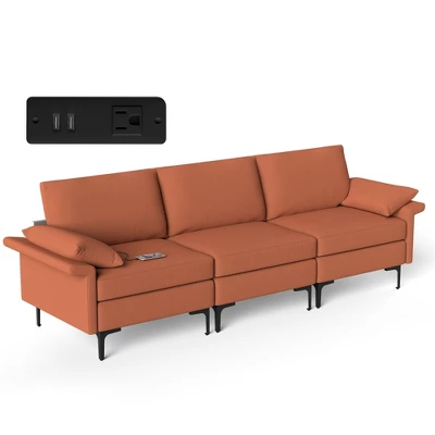 Costway Modern Modular Fabric 3-Seat Sofa Couch W/ Socket USB Ports & Metal Legs RedGreen - Image 10