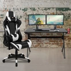 Flash Furniture Gaming Desk And Reclining Gaming Chair Set With Cup Holder, Headphone Hook & 2 Wire Management Holes