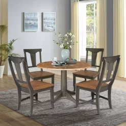 42" Round Dual Drop Leaf Dining Table With 4 Panel Back Chairs Hickory/Washed Coal - International Concepts