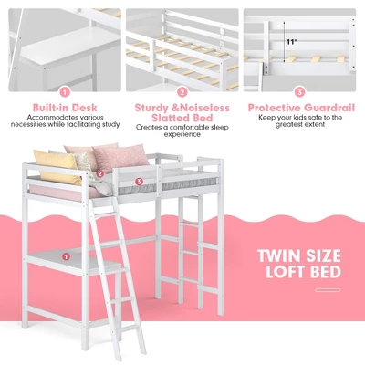 Costway Twin Loft Bed Frame W/Desk Angled And Built-in Ladder Solid Wooden Frame WhiteGreyExpresso - Image 8