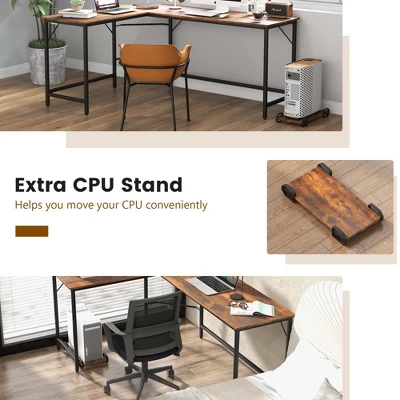 Costway L-shaped Gaming Desk Computer Desk With CPU Stand Power Outlets Rustic Brown/Black - Image 7